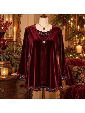 VTG Hypnotic Burgundy Velvet Tunic Top M Floral Cutout 2fer Whimsigoth USA